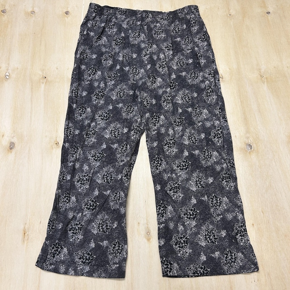 Vintage Notations Pants Womens L Black Floral Rayon Crop Pull On Elastic Waist